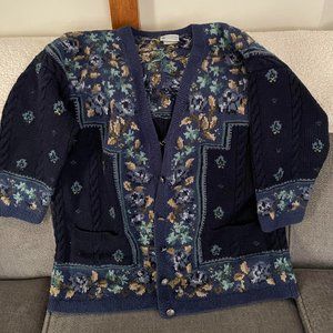 Laura Ashley 100% Wool Floral Blue Sweater, Women's Large